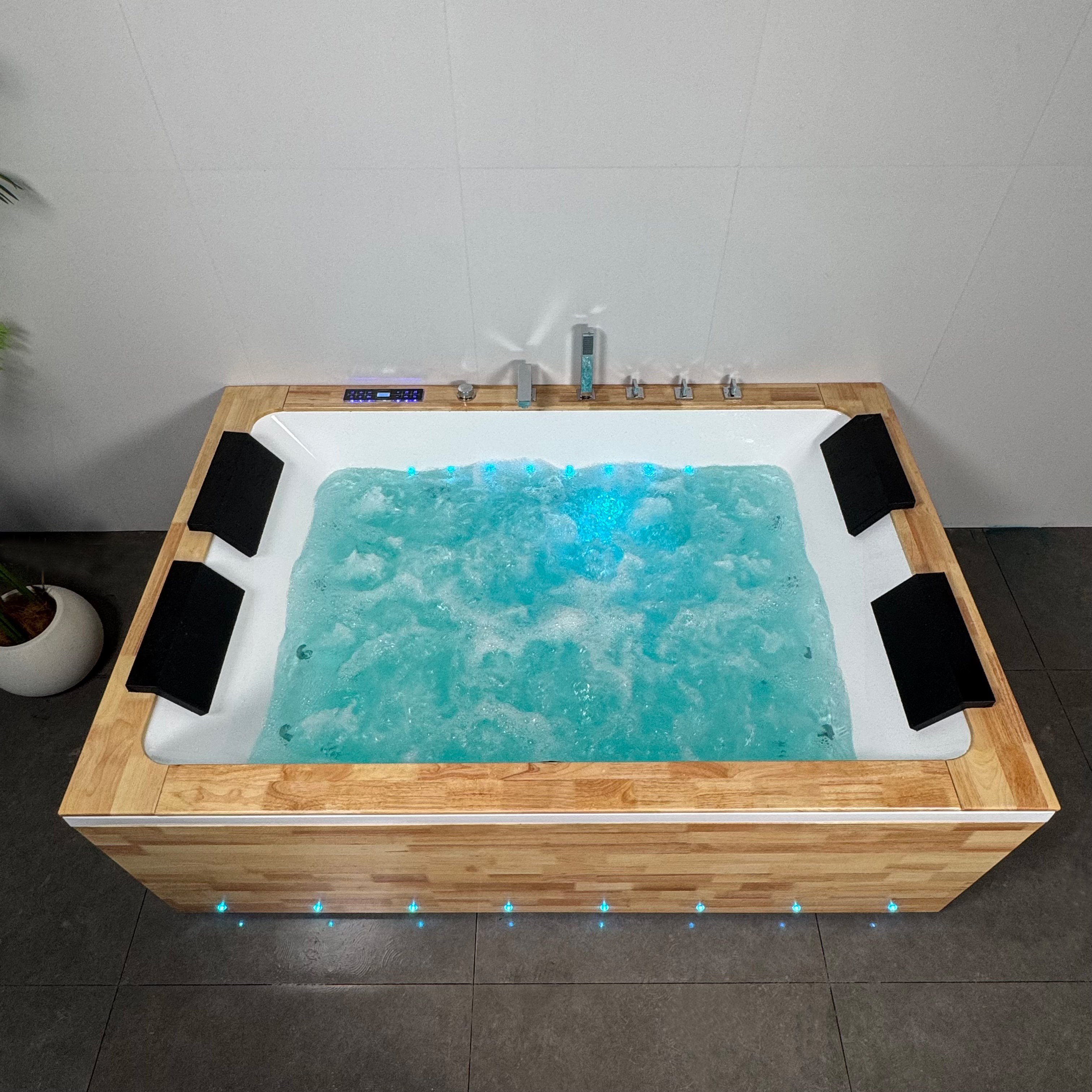HOKO Luxus-Rechteck-Whirlpool-Badewanne für vier Personen mit Holzmaserungsumrandung, Hydro-Jets, LED-Leuchten und vier Kopfstützen