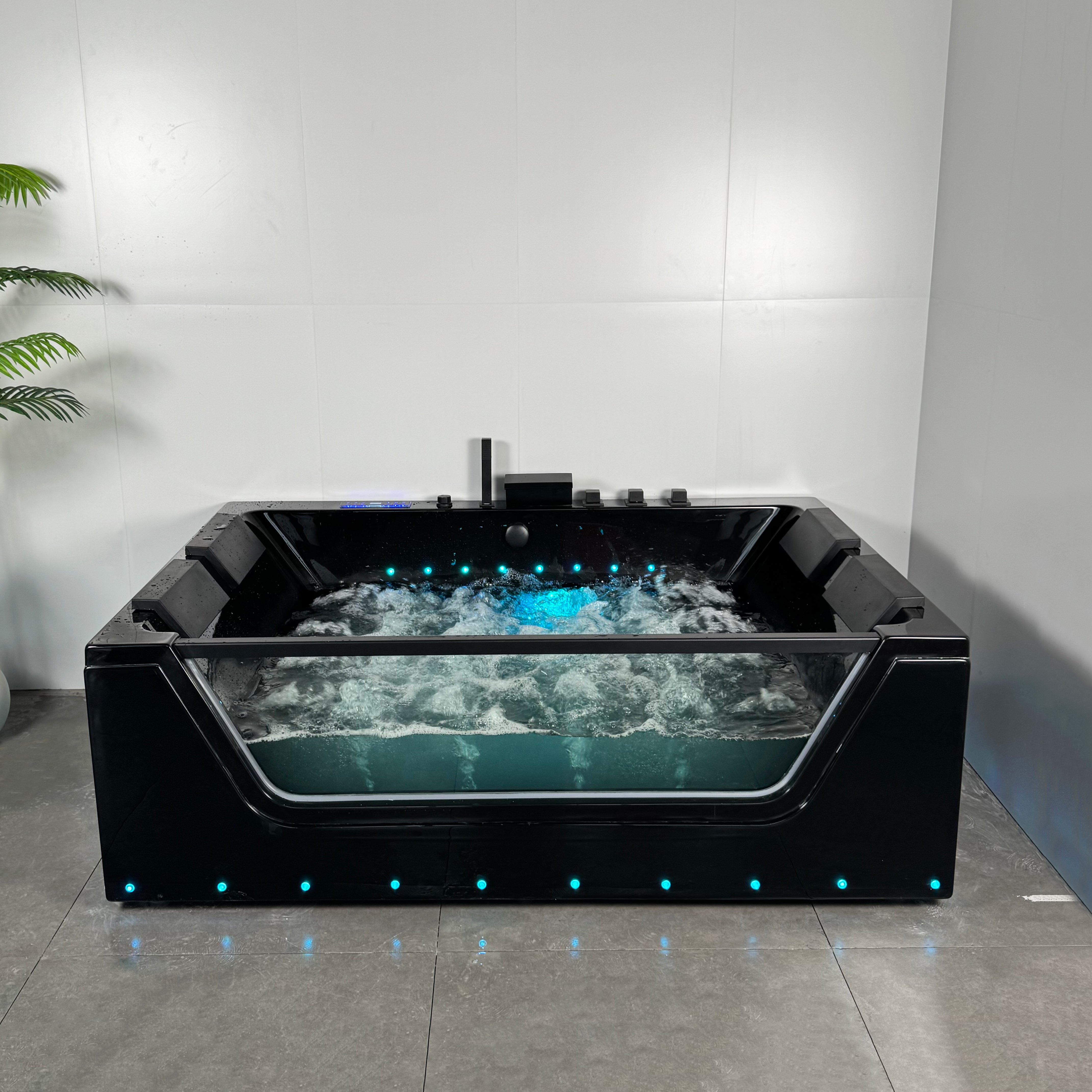 HOKO Luxus-schwarze rechteckige Whirlpool-Badewanne mit transparenter Frontscheibe, LED-Leuchten und Hydro-Massage-Jets