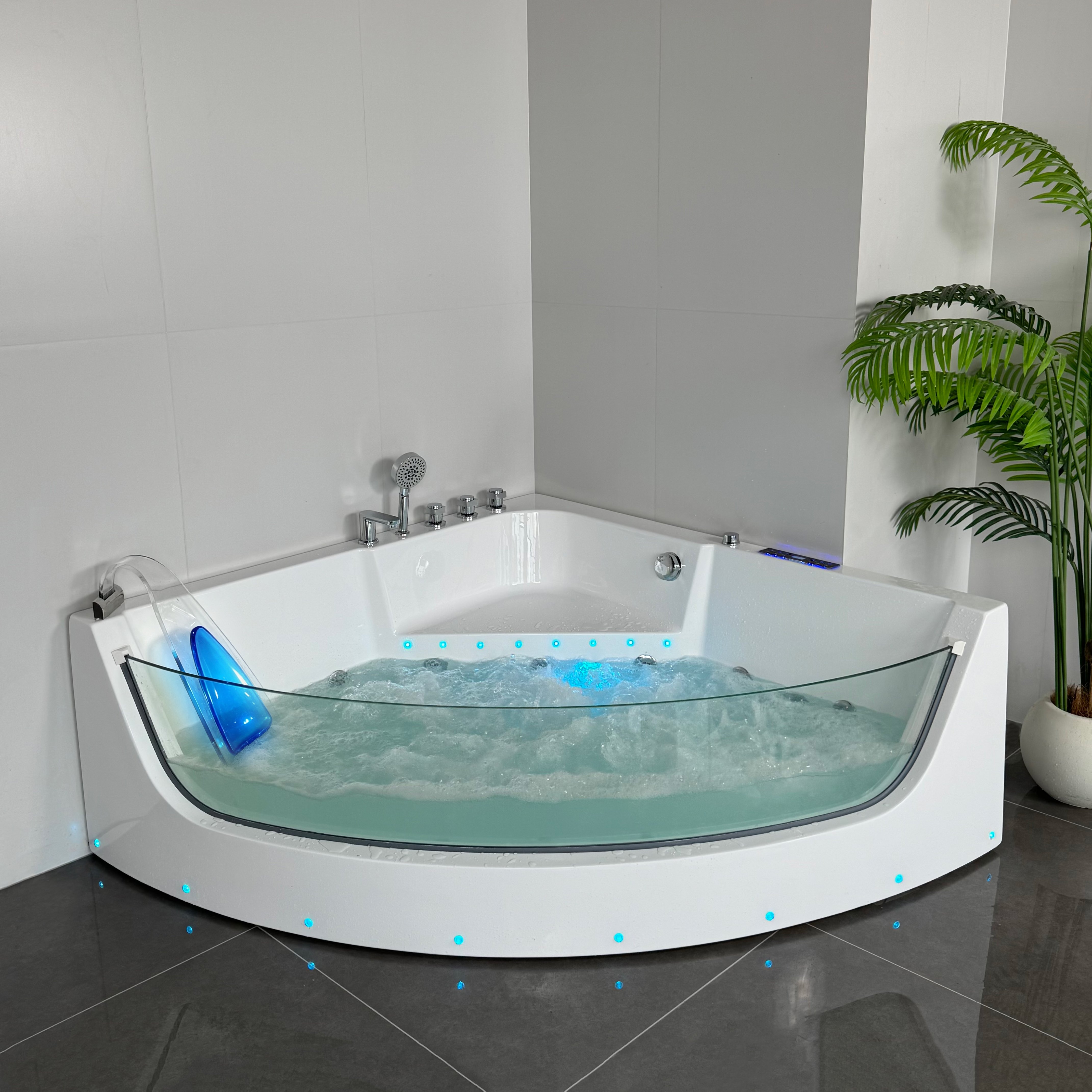 HOKO Eck-Whirlpool-Badewanne für zwei Personen aus Acryl mit Massagefunktion, gehärtetem Glaspaneel und LED-Beleuchtung
