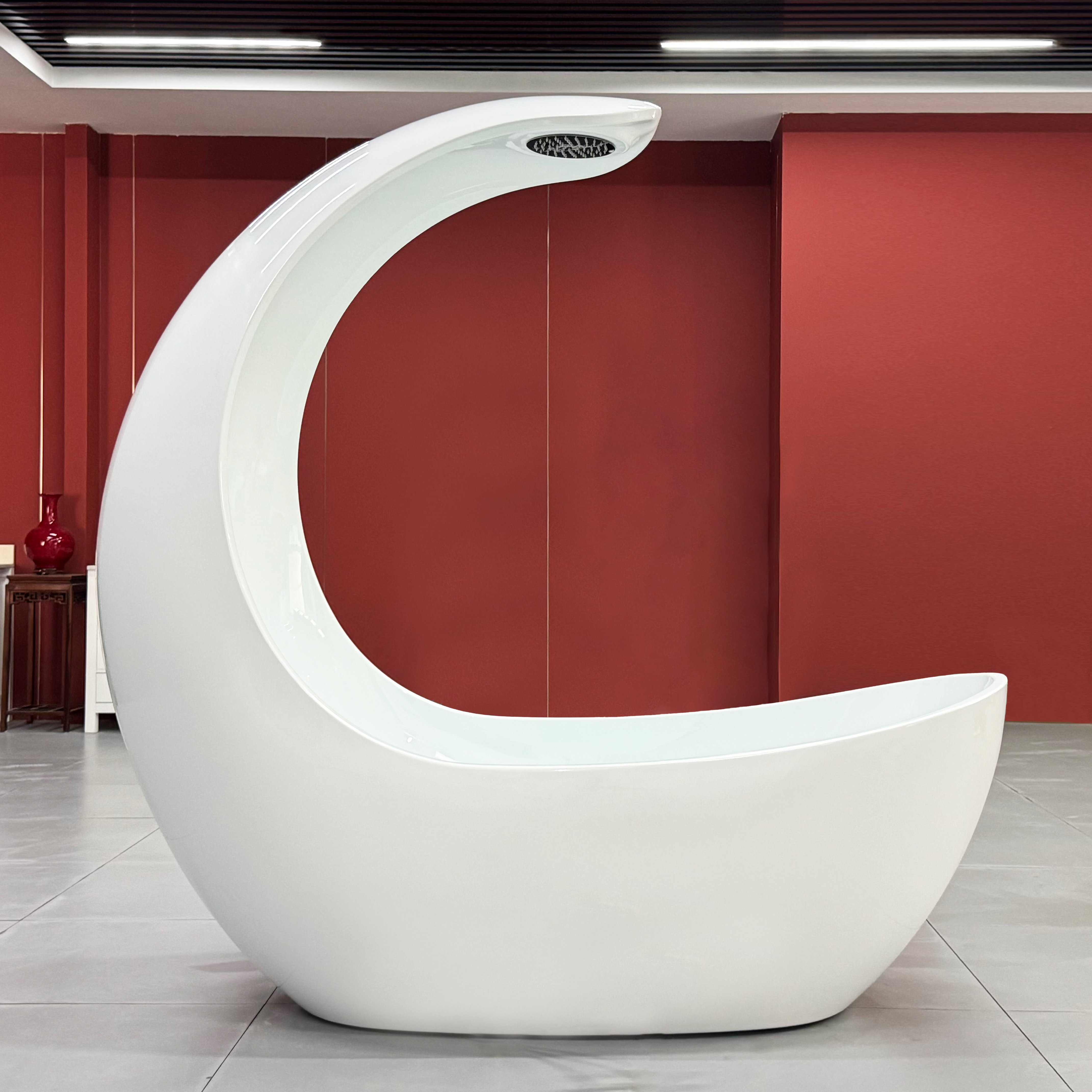 HOKO Luxury White Moon-shaped Acrylic Freestanding Soaker Tub Modern Drainer Easy Clean Surface for Soaking Villas Included