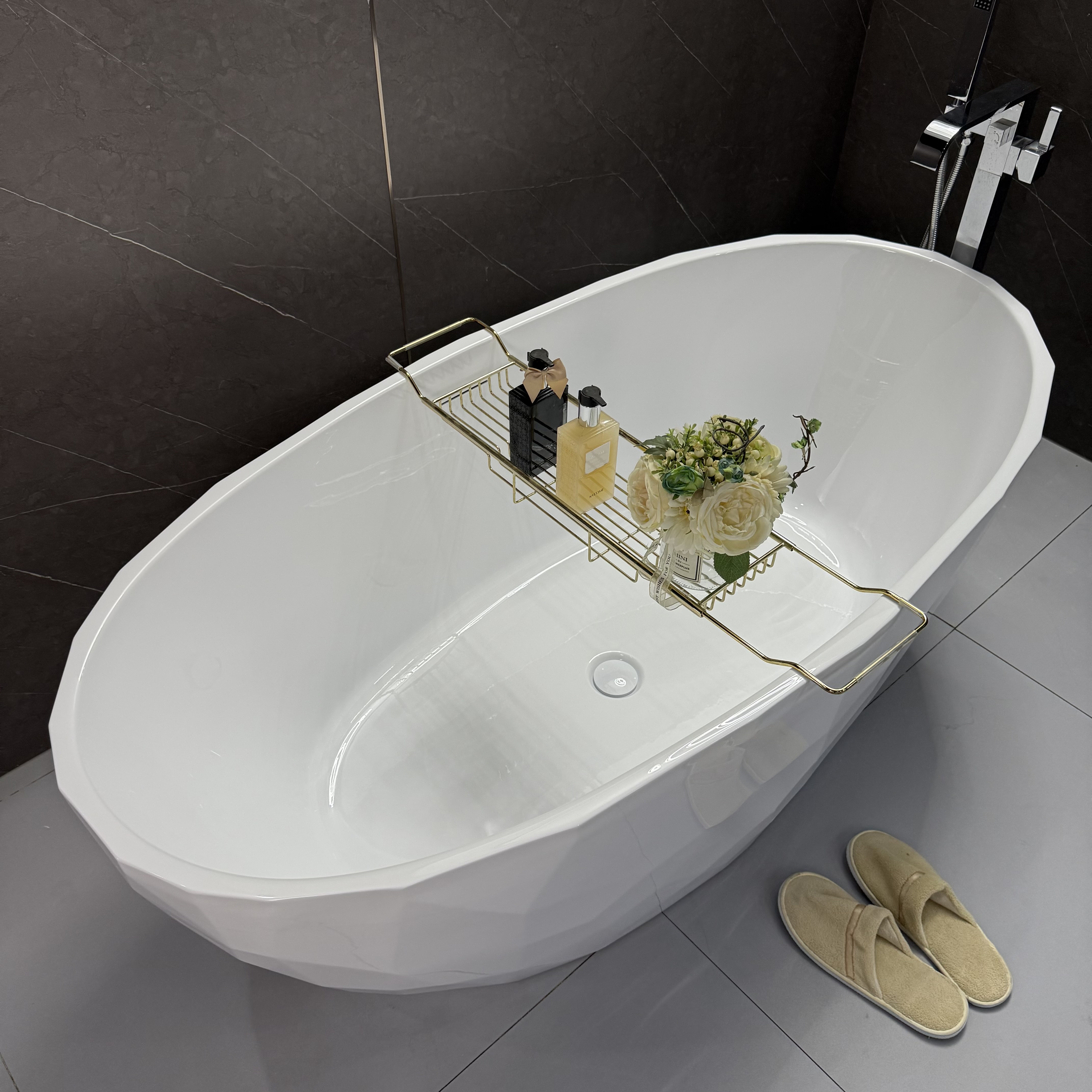 HOKO Modern White Oval Acrylic Freestanding Bathtub with Universal Drain for Soaking in Hotels or Indoors