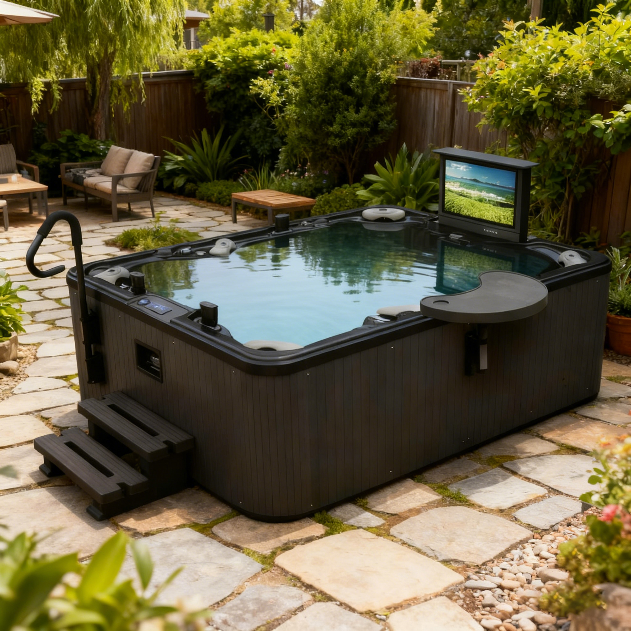 HOKO Manufacturer Supply 7-Person Outdoor Spa Hot Tub Modern Acrylic Massage Whirlpool Freestanding Installation Soaking Drainer