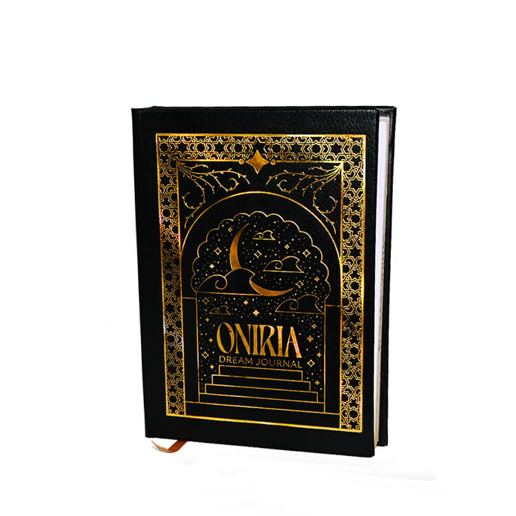 Custom Hardcover Dream Journal Gold Foil Black Leather Notebook With Ribbon Bookmark A5 Printed Inner Pages