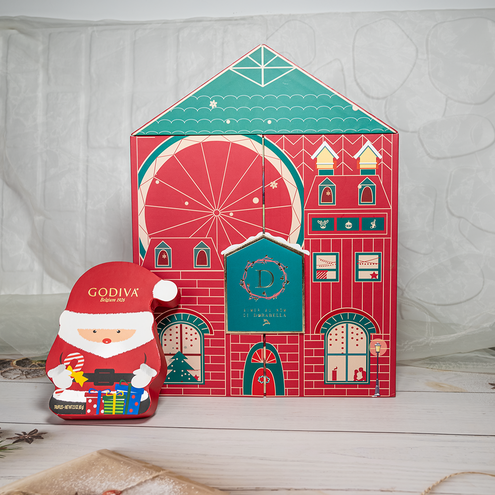 Kertas Bergaris Premium Laminasi Doff Spot UV Embossing Pintu Ganda Kalender Santa Claus Kotak Buta Hadiah Hari Natal