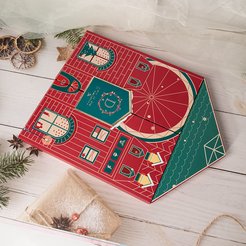 Kertas Bergaris Premium Laminasi Doff Spot UV Embossing Pintu Ganda Kalender Santa Claus Kotak Buta Hadiah Hari Natal