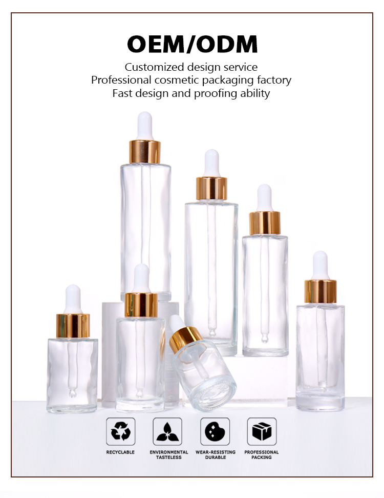 100ML, 80ML, 60ML, 50ML, 40ML, 30ML, 20ML Transparent / Frosted Dropper Beauty Bottle, Gold Lid Design Shows Light Luxury Texture factory