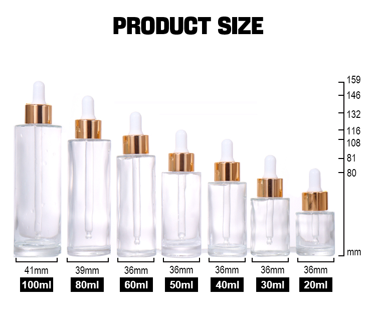100ML, 80ML, 60ML, 50ML, 40ML, 30ML, 20ML Transparent / Frosted Dropper Beauty Bottle, Gold Lid Design Shows Light Luxury Texture details