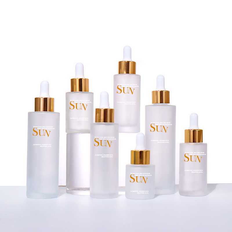 100ML, 80ML, 60ML, 50ML, 40ML, 30ML, 20ML Transparent / Frosted Dropper Beauty Bottle, Gold Lid Design Shows Light Luxury Texture