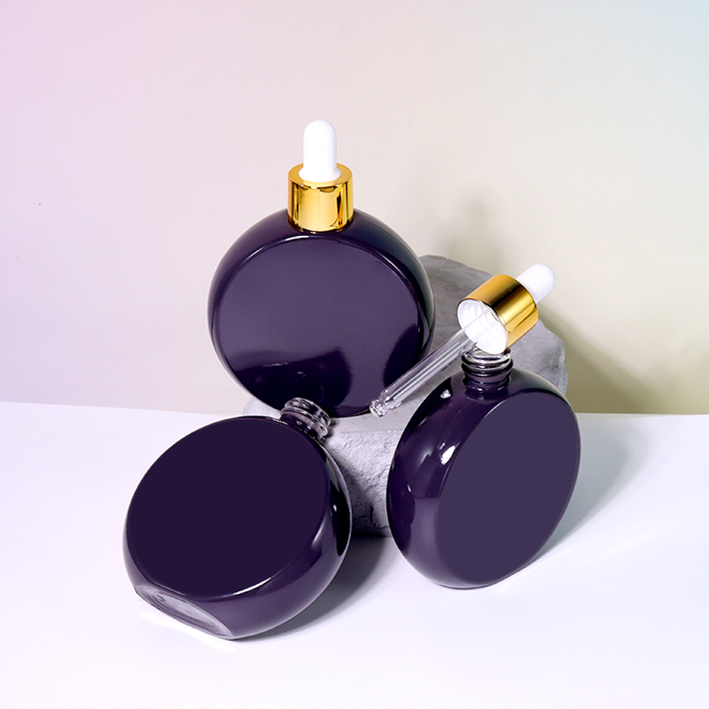 60ml Deep Purple Flat Round Dropper Essential Oil Bottle, Showing Luxury Texture