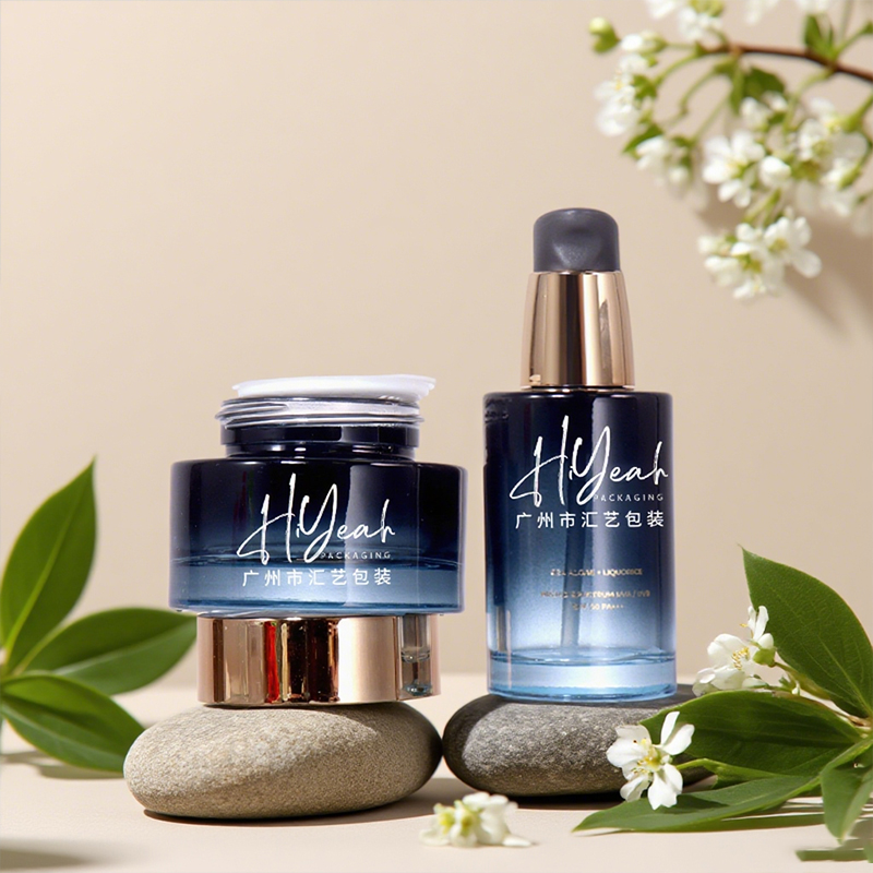 50ML, 50G Gradient Blue - Black Serum / Cream Bottle, Golden Lid Design Shows High - end Style