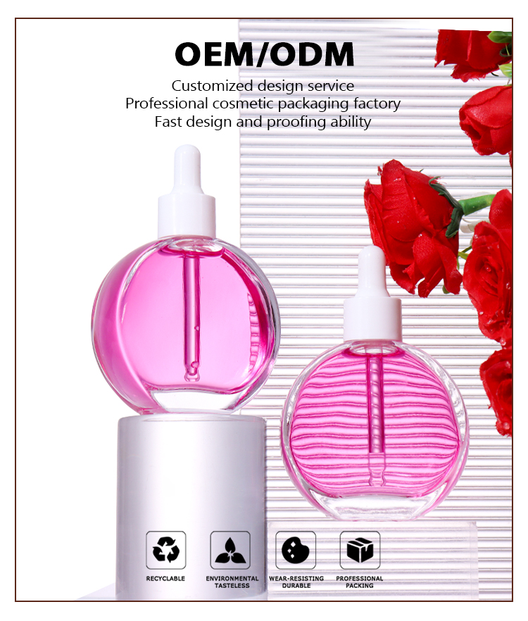 60ML Transparent Spherical Serum Bottle, White Dropper with Pink Liquid Emits Dreamy Charm details