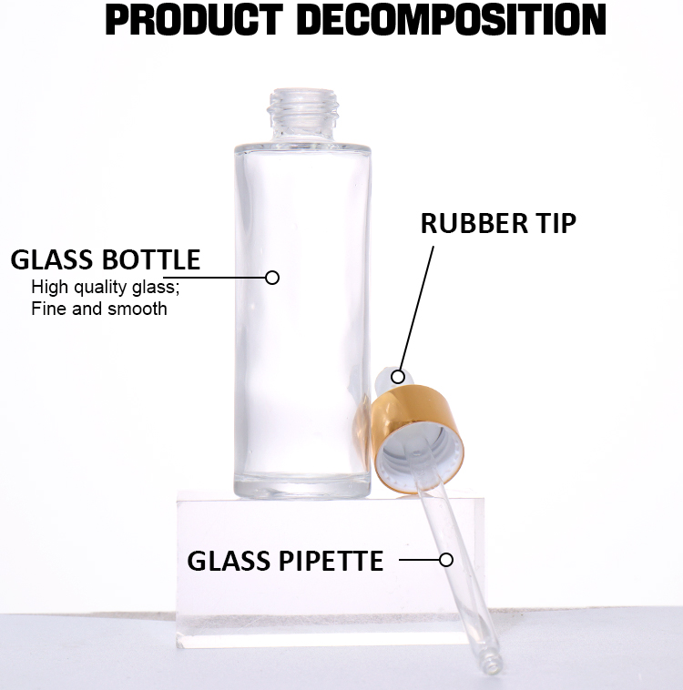 100ML, 80ML, 60ML, 50ML, 40ML, 30ML, 20ML Transparent / Frosted Dropper Beauty Bottle, Gold Lid Design Shows Light Luxury Texture factory