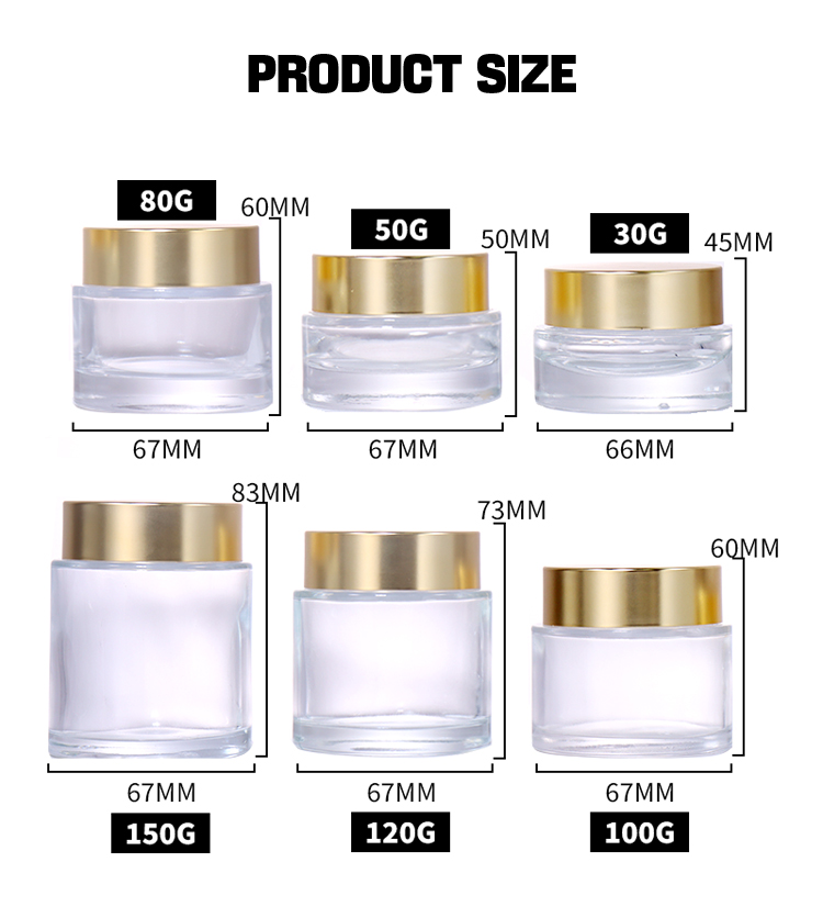 150G, 120G, 100G, 80G, 50G, 30G Transparent Cream Jars in Two Styles, Golden Lids and White Lids Show Diverse Elegance factory