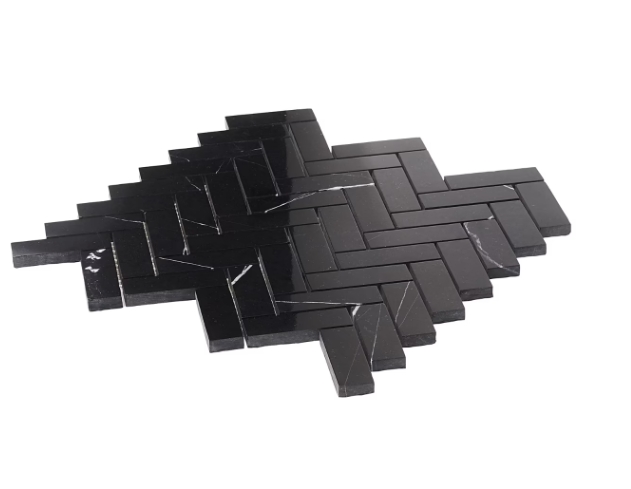 Nero Marquina Herringbone Mosaic Tile details