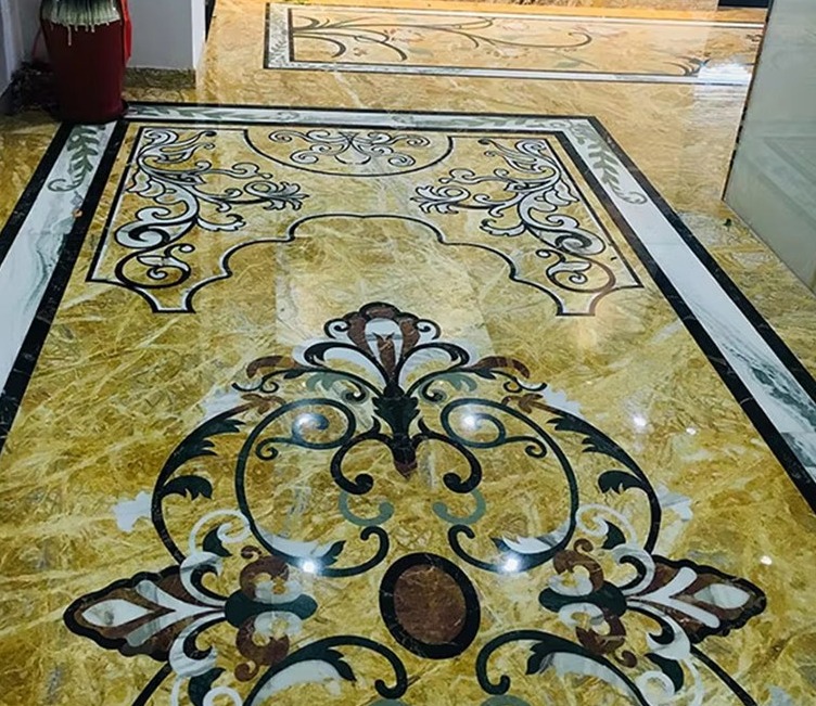 Foyer Inlay Waterjet cut design pattern marble flooring tile supplier