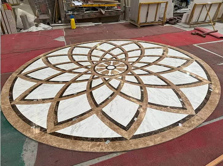 Foyer Inlay Waterjet cut design pattern marble flooring tile manufacture