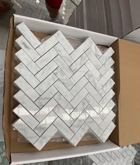Iceberg Beaty Herringbone Honed White Marble Mosaic factory