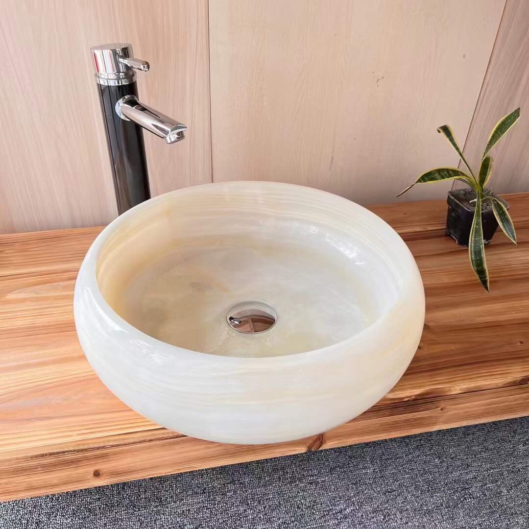 Direct Factory Made Natural Onyx Chess Round Wash Basin Marble Sinks supplier