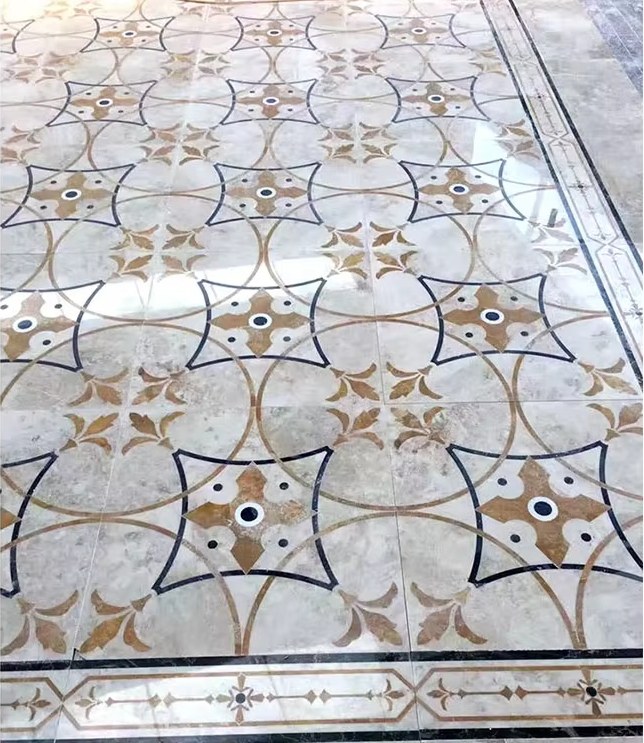 Foyer Inlay Waterjet cut design pattern marble flooring tile manufacture