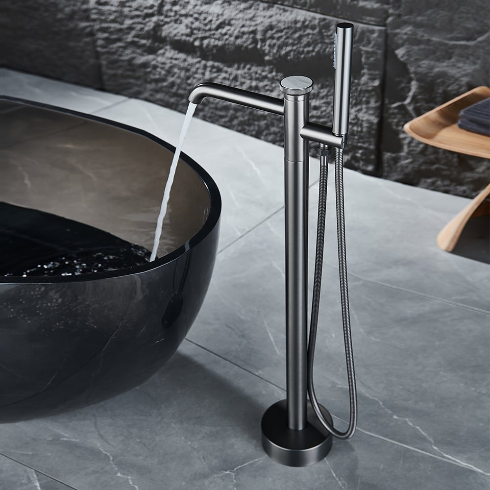 E95 Floor Standing Brass Waterfall Faucet and  Shower Mixer Set for Freestanding Bathtub Gun Grey