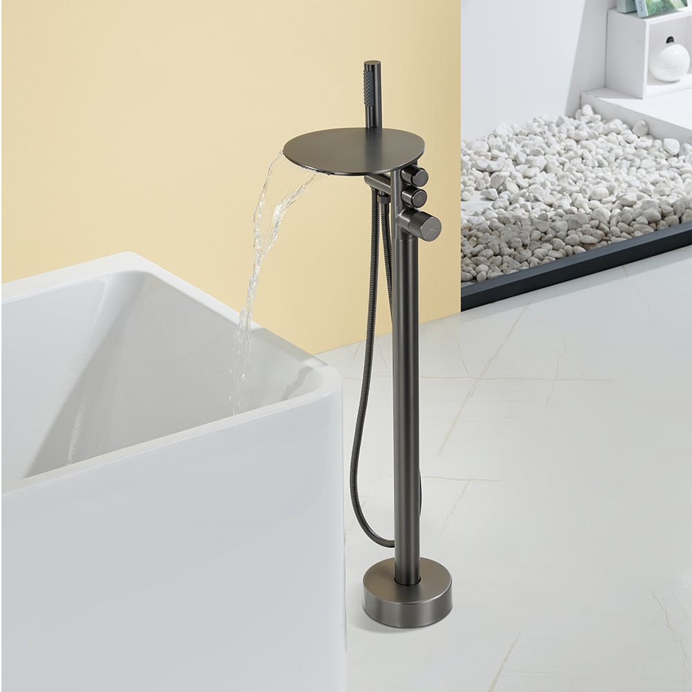 E93 Shower Mixer and Brass Floor Standing Waterfall Bath Faucet Set for Luxury Bathtub Black