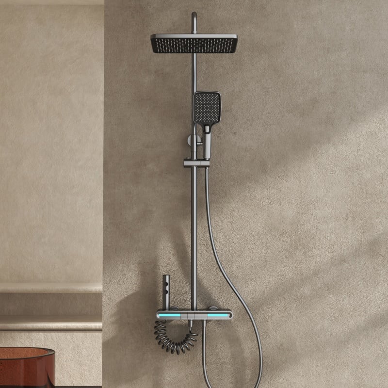 LE680303 Set Keran Shower Hujan Tembaga Dinding Berteknologi Termostatik Kelas Tinggi yang Elegan untuk Spa Kamar Mandi, Warna Abu-abu Senapan
