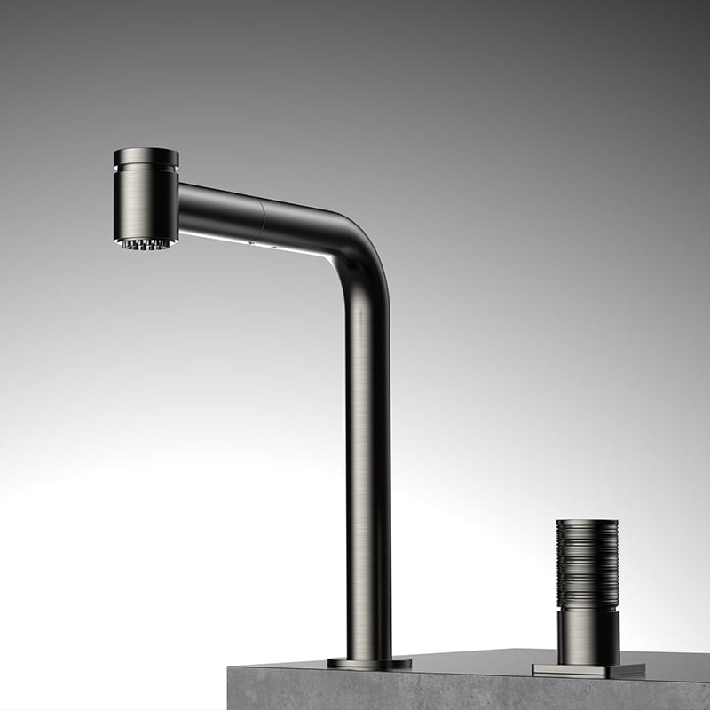 Seri Xingrui 1LU240104 Keran Klasik Berbahan Kuningan Dua Lubang untuk Meja Cuci Kamar Mandi dengan Pengatur Suhu Air Panas-Dingin (Mixer Gun) Warna Abu-abu
