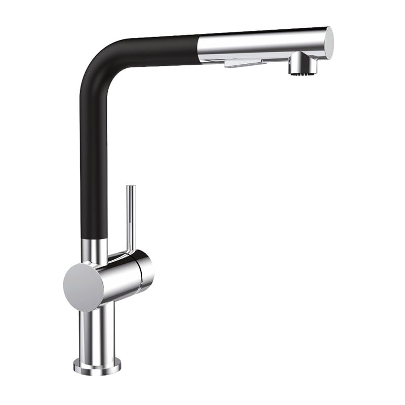 1KP200101 Çıxarılabilən püskürməli başlıqlı brass mətbəx kranı tək tutacaqlı, 360 dərəcə fırlanma və elastik dizaynla, xrom rəngdə