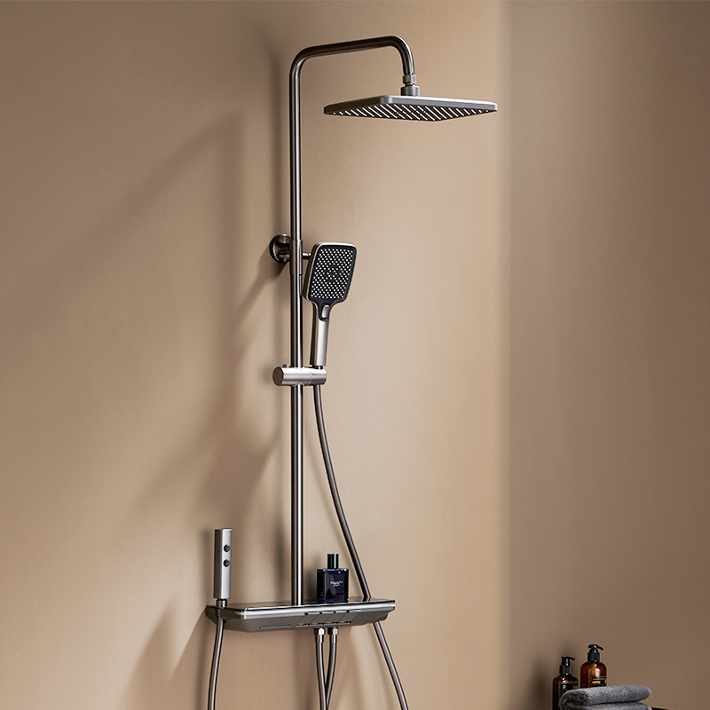LE610104 Smart 4 Function Thermostatic Durable Brass Bath  Rain Rainfall Shower Faucet Set Mixer Complete Kit for Bathroom Brushed Gold