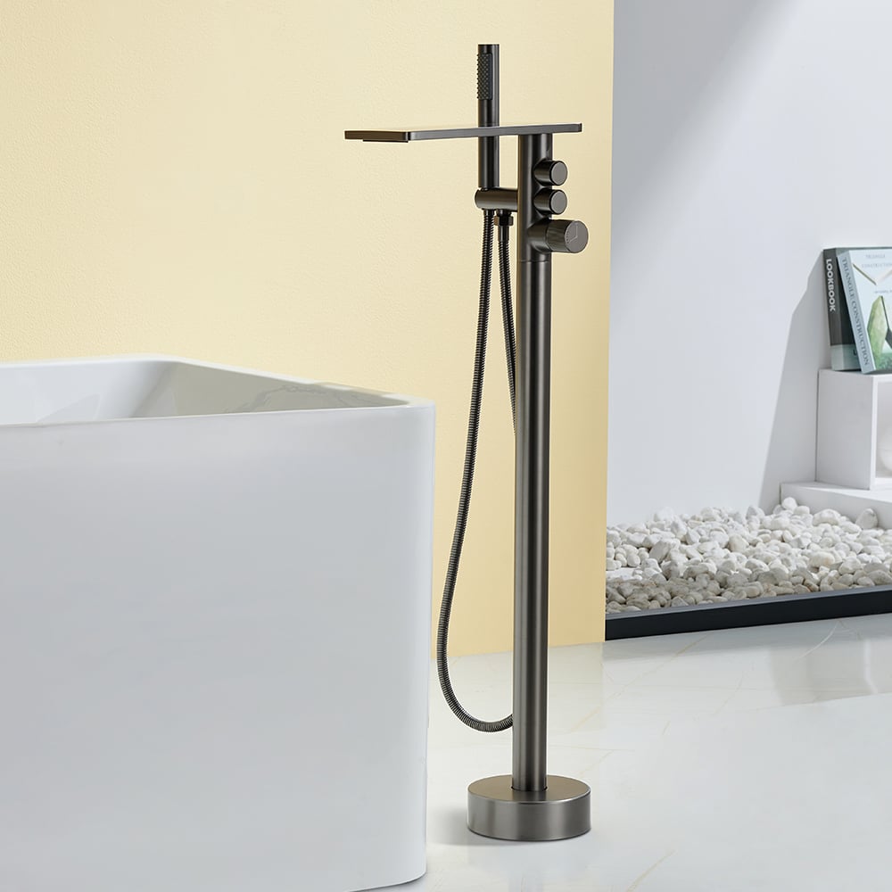 E92 Wholesale Floor Standing Brass Waterfall Bath Faucet and Shower Mixer Set for Modern Gun Grey