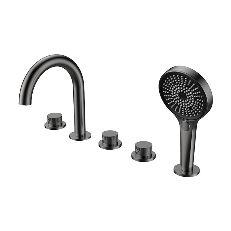 Rangkaian NewCool 1LN740403, Set Keran Bak Mandi Modern dengan Pemasangan di Meja (Deck Mounted), 3-Handle, Kuningan dengan Combo Mixer Pancuran Tangan, Finishing Hitam