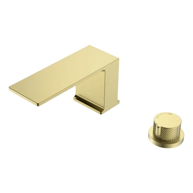 Keran Kuningan Model Deck Mounted Seri Peiluo 1LP590108 dengan Desain Elegan untuk Wastafel Kamar Mandi, Dua Lubang, Pengatur Air Panas dan Dingin, Finishing Emas Brushed