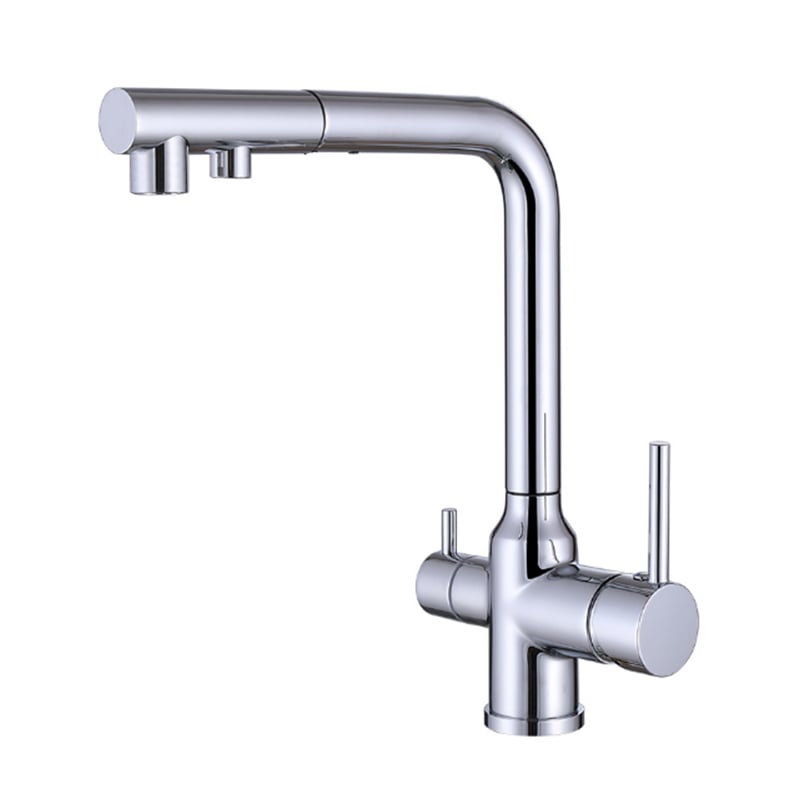 1KP200205 Brass Sink Faucet with Pull Out Sprayer and 360 Rotation for Cold and Hot Water Mixing Rose Gold