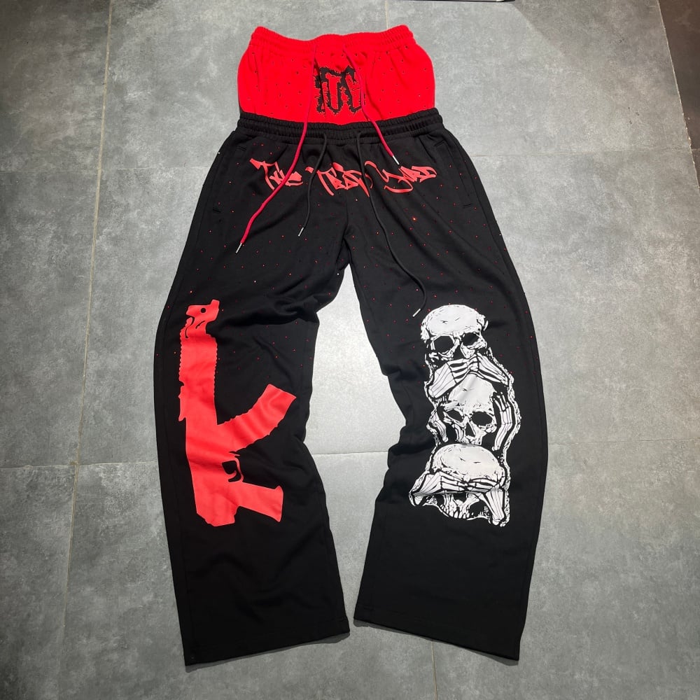 High Quality Wholesale Baggy Straight Double Waist Sweatpants Rhinestone Skull Graphic Oversized Streetwear Pants