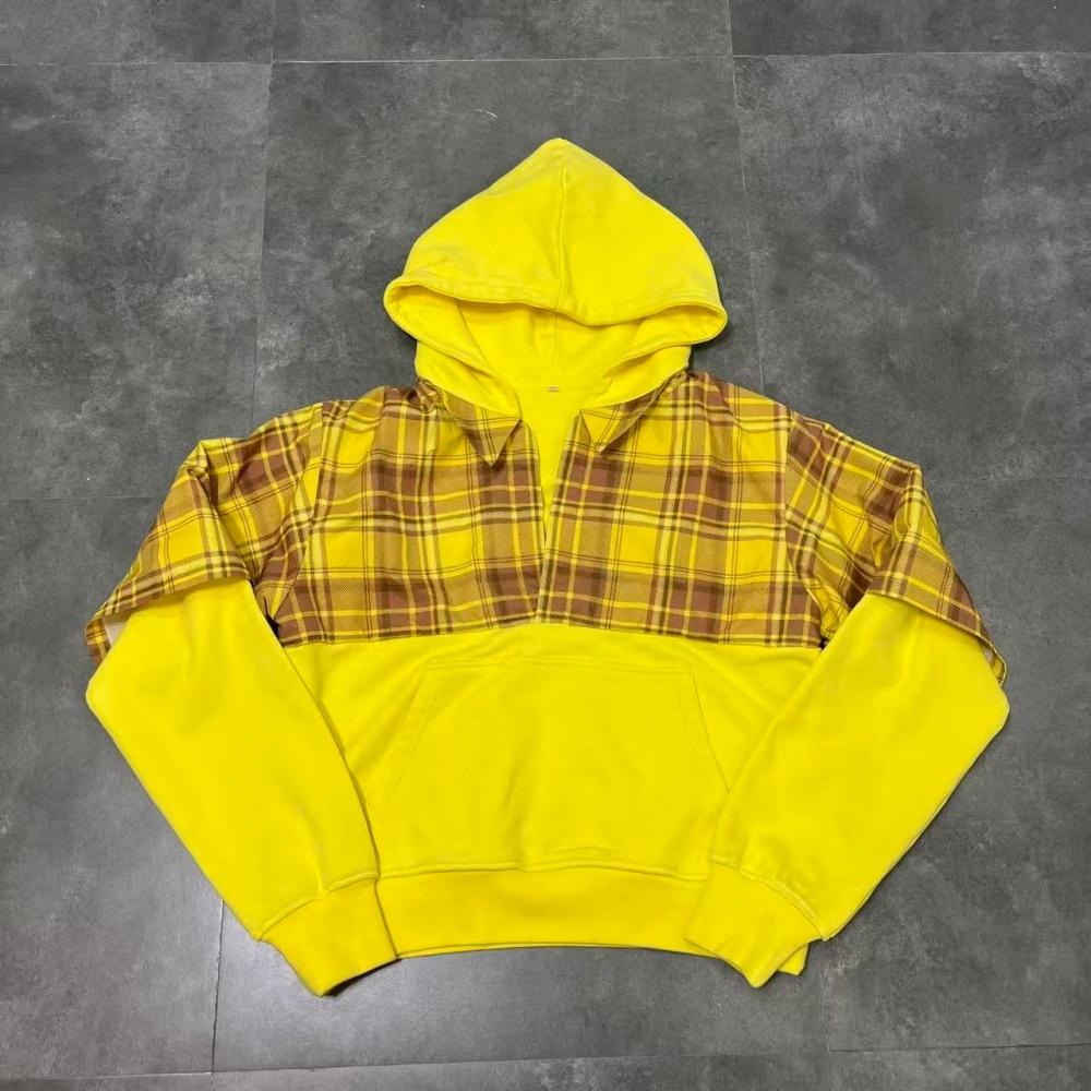 XINSHENG Custom Color Block Double Layer Plaid French Terry 100% Cotton Cropped Hoodie Sweatshirt Men Unisex