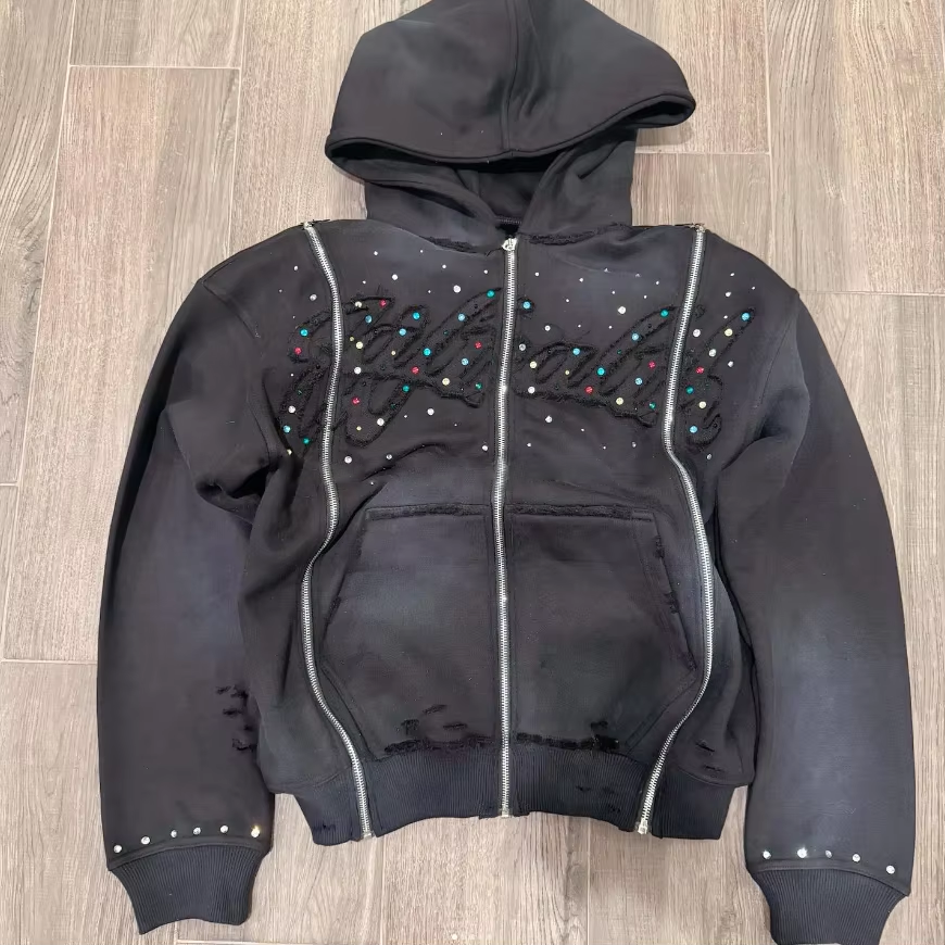 Clothing Manufacturers Streetwear Custom Embroidery Vintage Acid Wash French Terry Distressed Rhinestone Acid Wash Zip up Hoodie