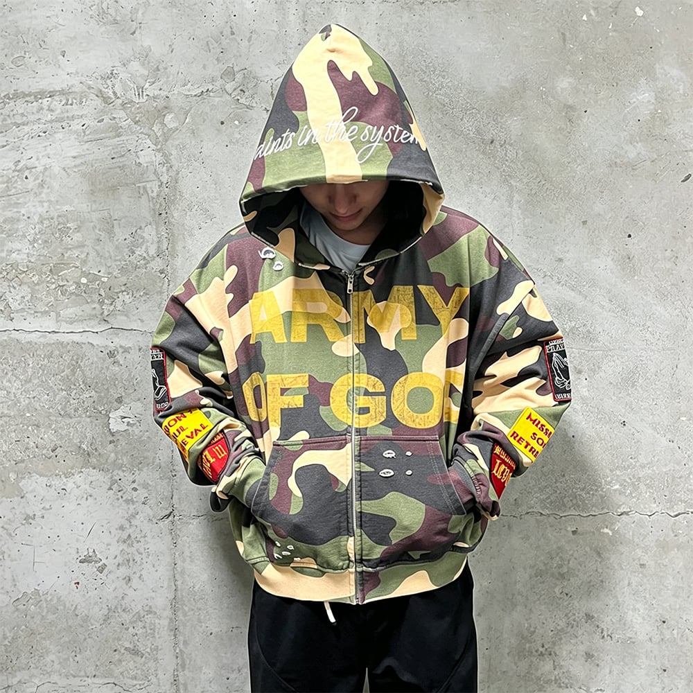 Felpa con cappuccio pesante per uomo con zip, personalizzabile con stampa o ricamo mimetica (camo) e effetto usato, prodotta da fornitori di Dongguan