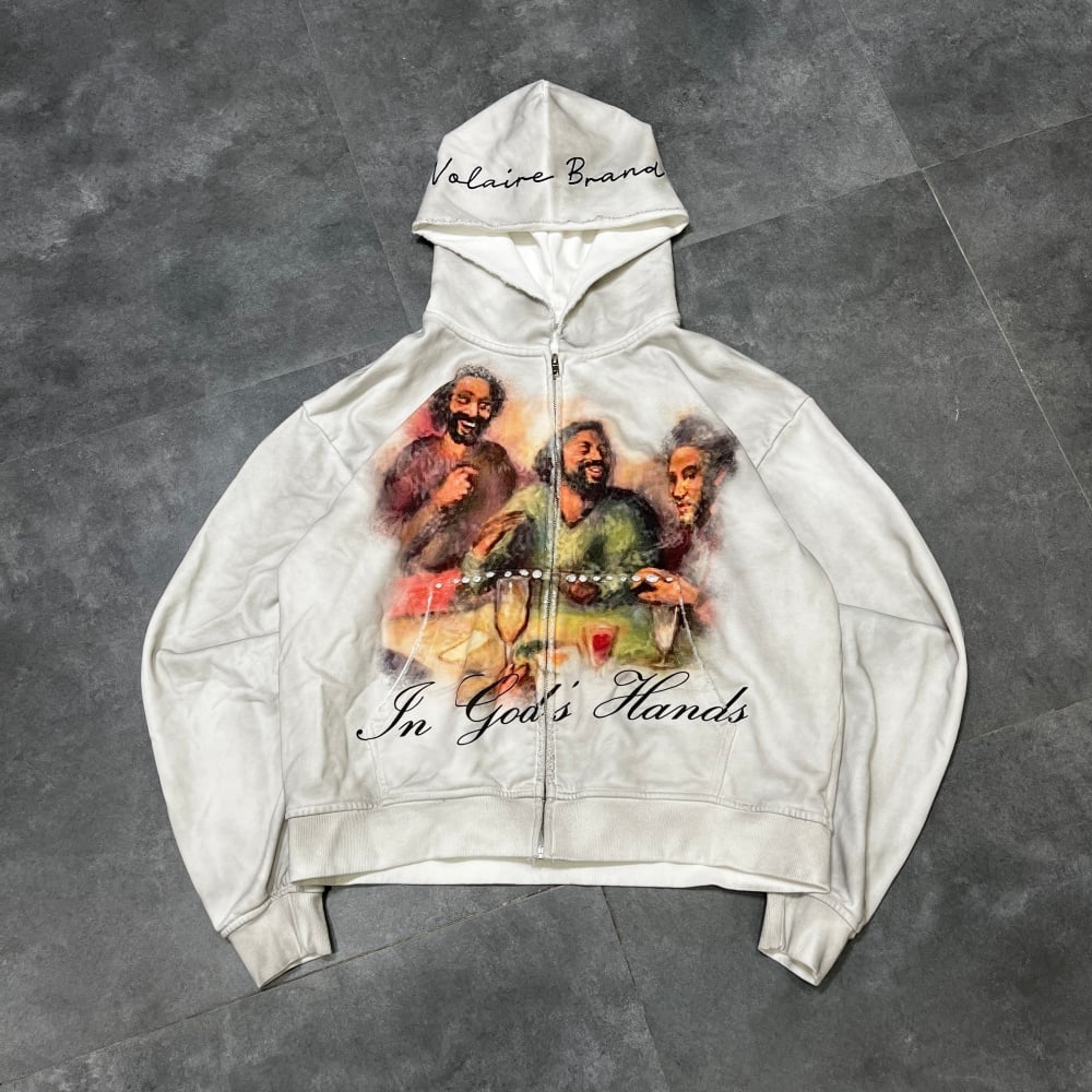Wholesale Streetwear Mens Custom Oversized Vintage Graphic Print Cropped Heavyweight Zip up Acid Wash Hoodie