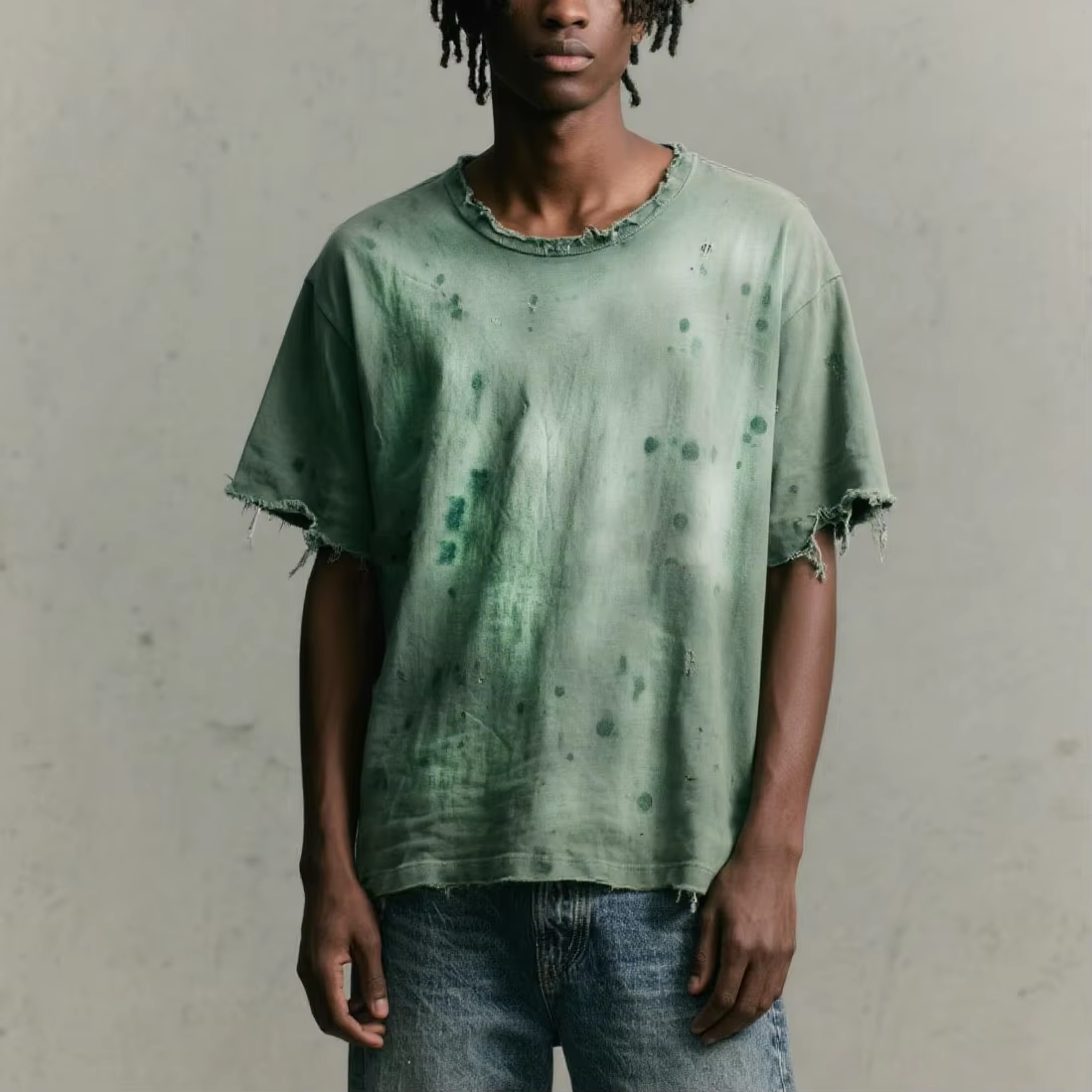 Abbigliamento Streetwear Personalizzato Oversized Vintage Taglio Quadrato Lavaggio Acido Strappato Maglietta a Maniche Corte per Uomo
