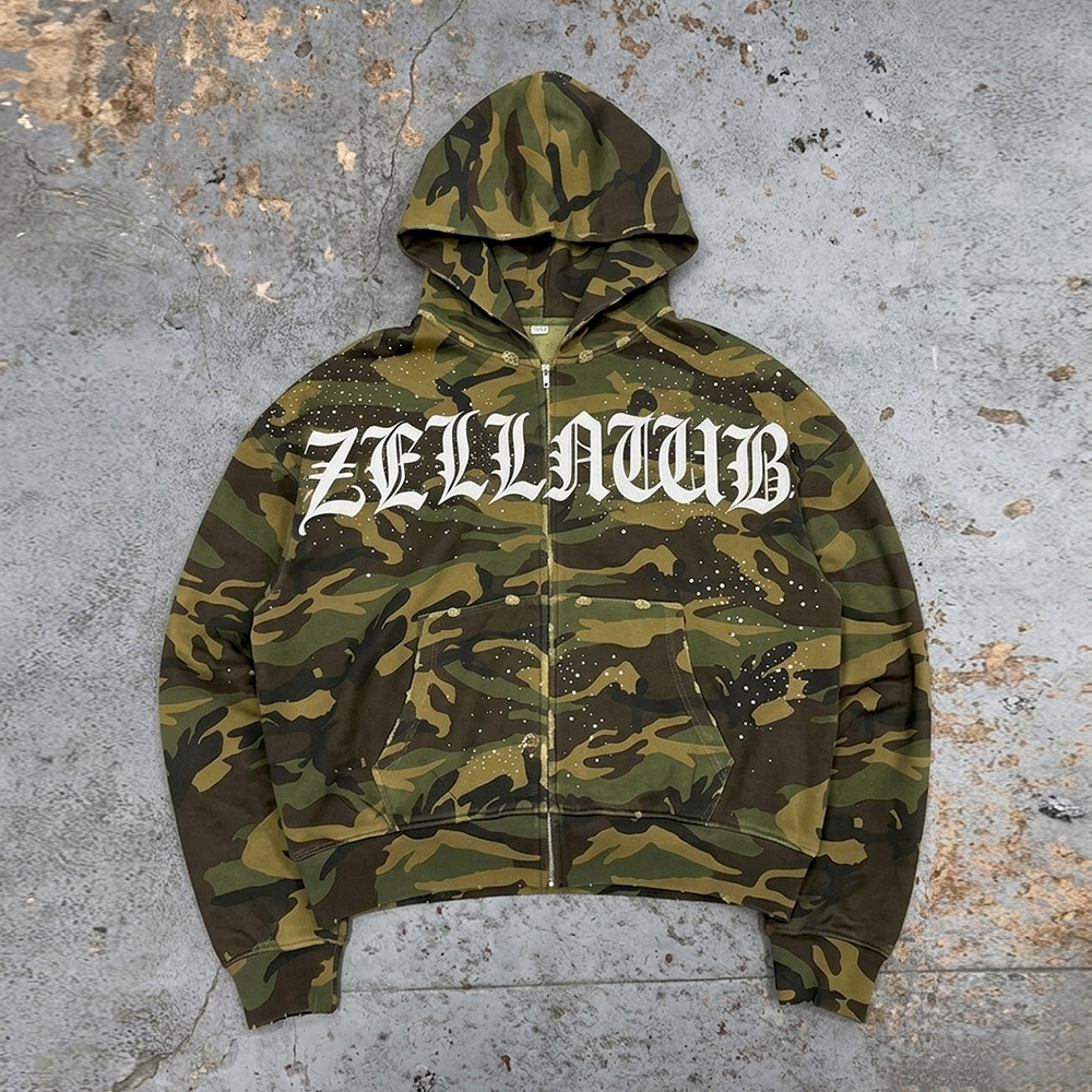 Dongguan Manufacturers Clothing Custom Heavyweight Cotton Zip up Hoody Distressed Rhinestone Camo Camouflage Hoodie Jacket Men
