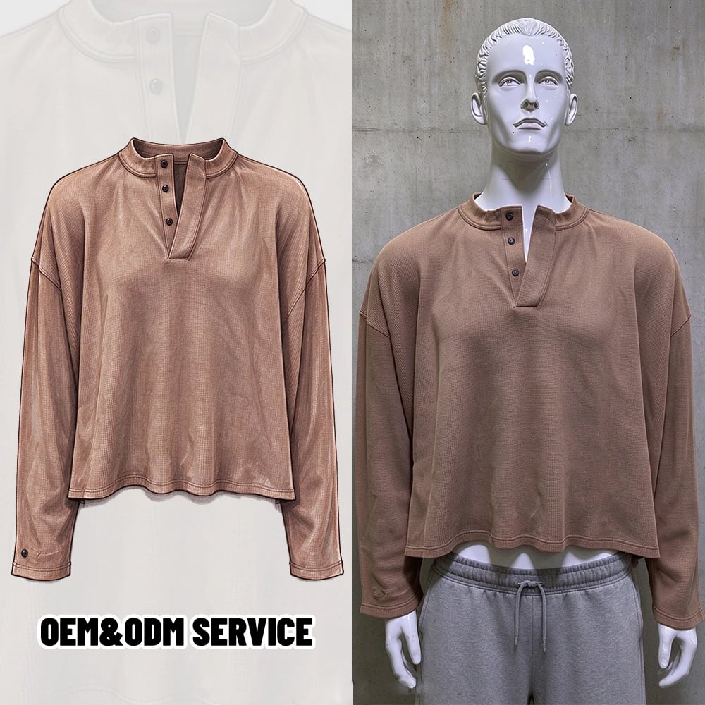 High Quality Wholesale Custom Vintage Streetwear Loose Cropped Long Sleeve Waffle Knit Polo Shirt for Men