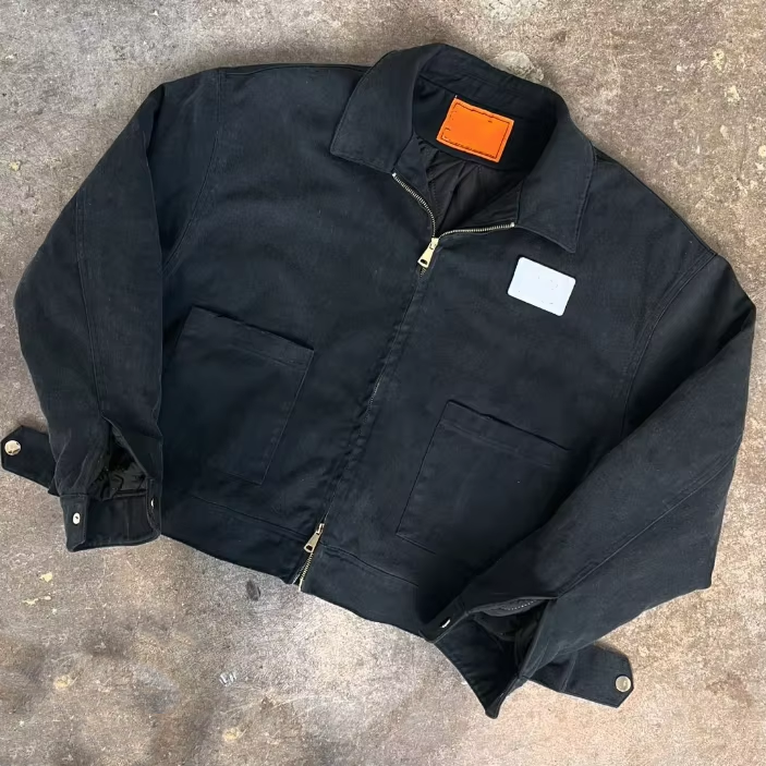 Factory Custom Men's Heavyweight Cotton Black Lining Zip up Vintage Wash Canvas Denim Jacket for Men
