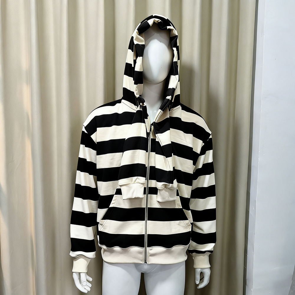 Produttori di abbigliamento personalizzati unisex, felpe a cappuccio doppio strato in cotone Terry con strisce e cerniera, giacca per uomo
