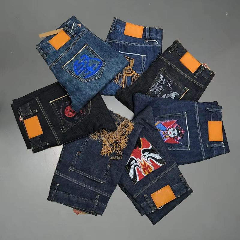 ストリートウェア カスタム 高品質 メンズ 刺繍 ストレートレッグ バギー プラスサイズ メンズ フレアージーンズ 刺繍デニムパンツ メンズ用
