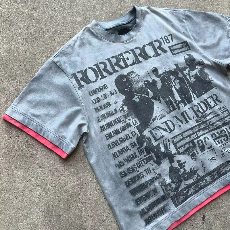 Tricou de stradă personalizat pentru bărbați, manșe scurte, dublu strat, 100% bumbac, vintage, spălare acid, tricou boxy, cu grafică