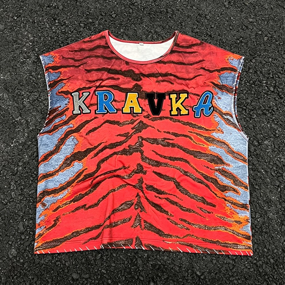 Katuvaatetus-tyylin mukautettu chenille-särmäys, käsityöllisesti tehty leopardinmäinen painokuva, kulunut graafinen paida, kulunut hihaton paida, tankkiyläinen yläosa miehille