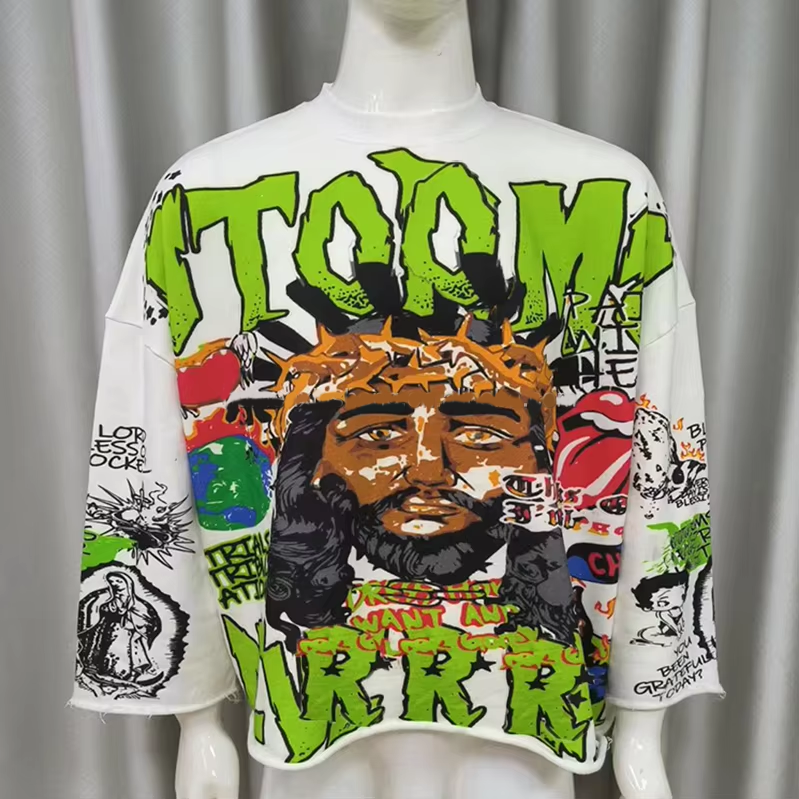 Streetwear Personalizzato Stampa Oversized Magliette in French Terry Uomo Mezza Manica Lunga Corta a Taglio Quadrato Spalle Cadenti T-shirt Grafica Maglietta