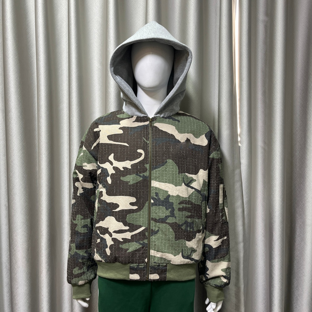 XINSHENG Custom Camo Hooded Camouflage Camo Ripstop Cotton Cropped Zip up Flight Bomber Jacket Baseball Coat for Men
