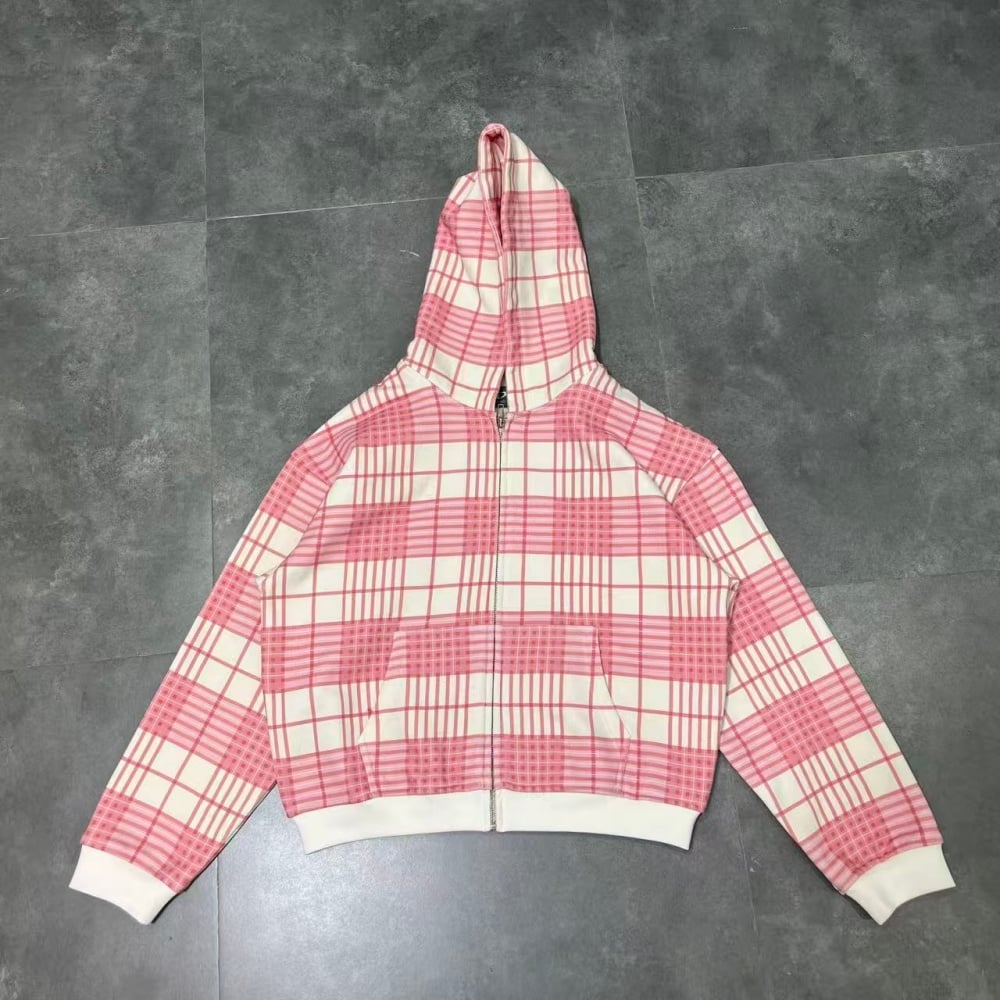 Clothing Manufacturers Streetwear Custom Oversize French Terry Cotton Plaid Boxy Zip up Cropped Hoodie Men Unisex
