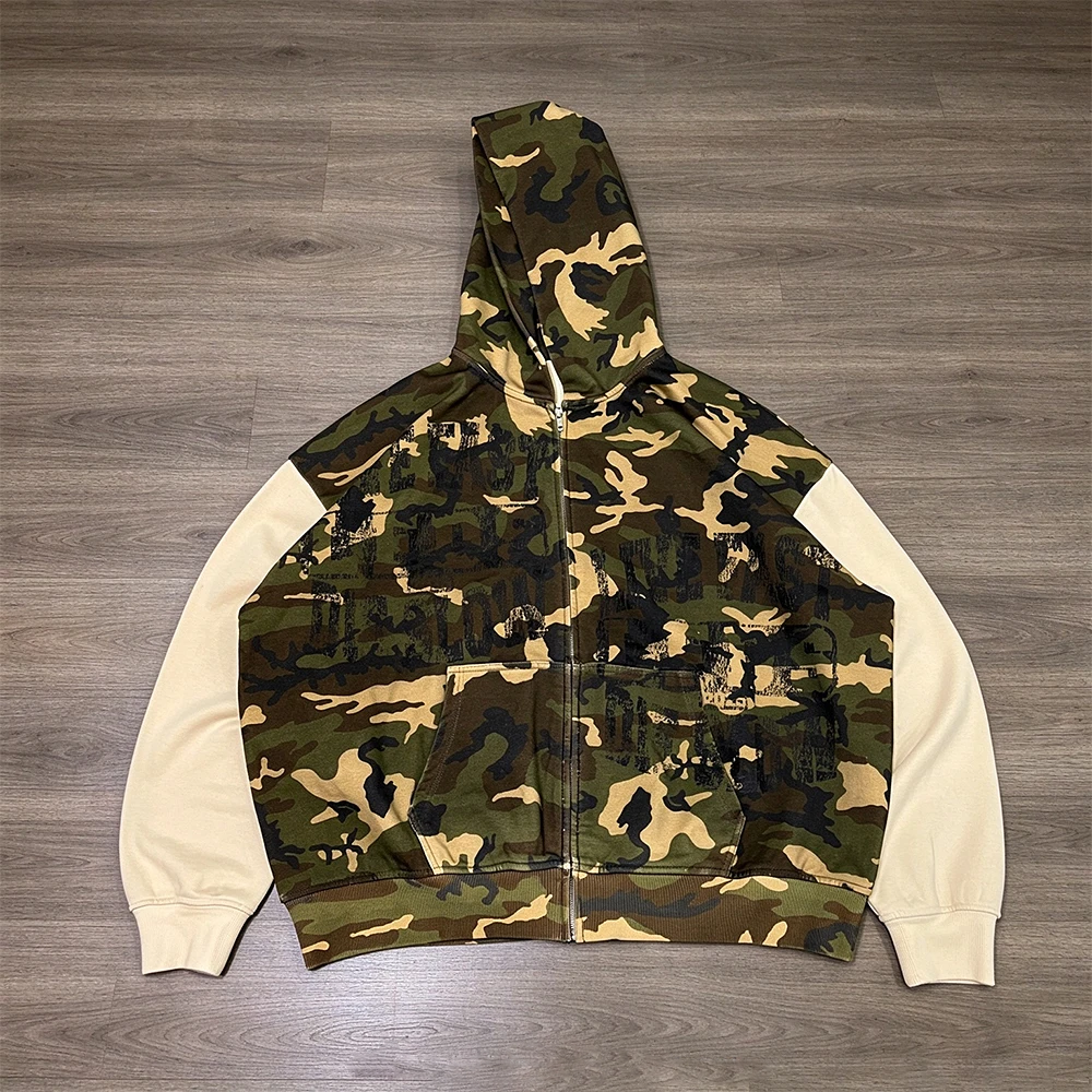 Manufacturers Clothing Custom Zip up Distressed Print Camouflage Color Block Cropped Mens Heavyweight Hoodie